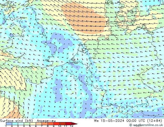 Surface wind (bft) Arpege-eu St 15.05.2024 00 UTC