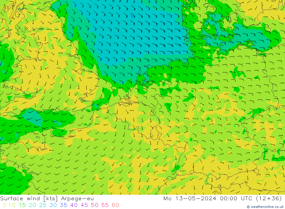 Surface wind Arpege-eu Mo 13.05.2024 00 UTC