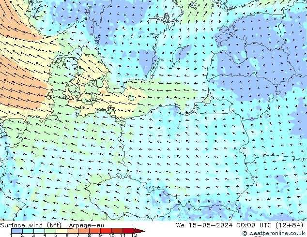 Wind 10 m (bft) Arpege-eu wo 15.05.2024 00 UTC