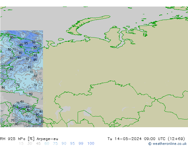 RH 925 hPa Arpege-eu Tu 14.05.2024 09 UTC