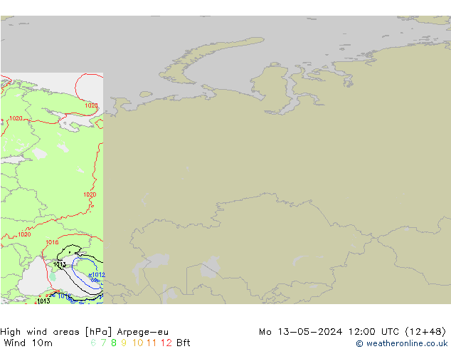 High wind areas Arpege-eu Po 13.05.2024 12 UTC