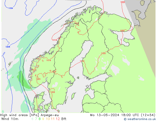 High wind areas Arpege-eu lun 13.05.2024 18 UTC