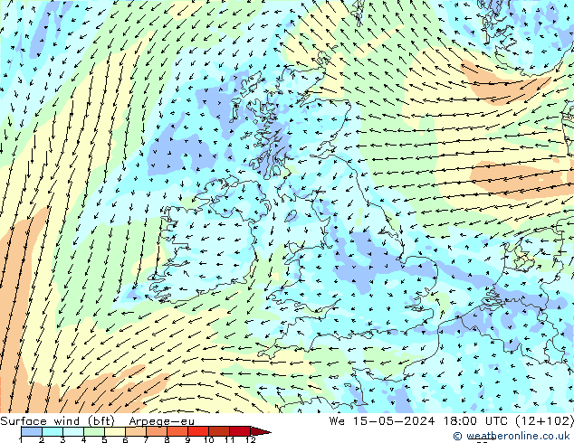 Surface wind (bft) Arpege-eu We 15.05.2024 18 UTC