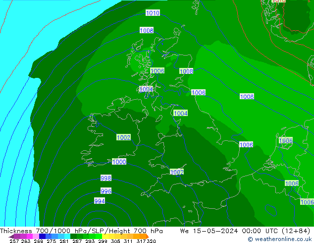 Thck 700-1000 hPa Arpege-eu śro. 15.05.2024 00 UTC