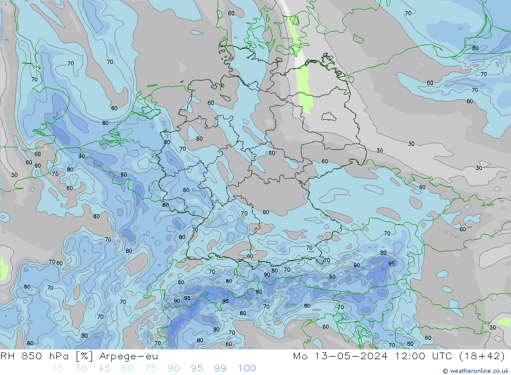 RH 850 hPa Arpege-eu  13.05.2024 12 UTC