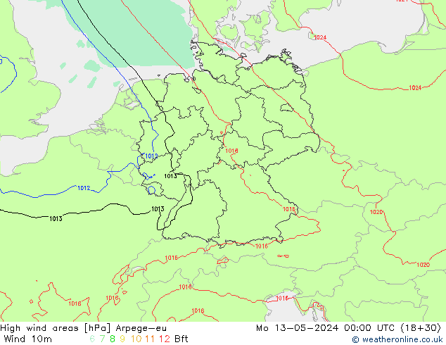 High wind areas Arpege-eu Seg 13.05.2024 00 UTC
