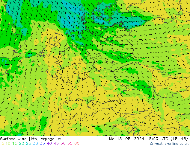 Vento 10 m Arpege-eu Seg 13.05.2024 18 UTC