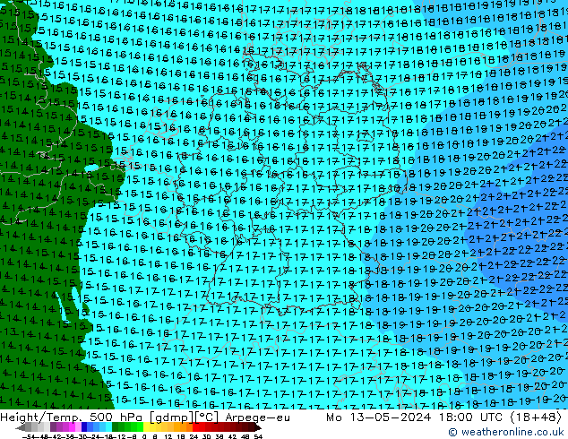 Height/Temp. 500 hPa Arpege-eu Mo 13.05.2024 18 UTC