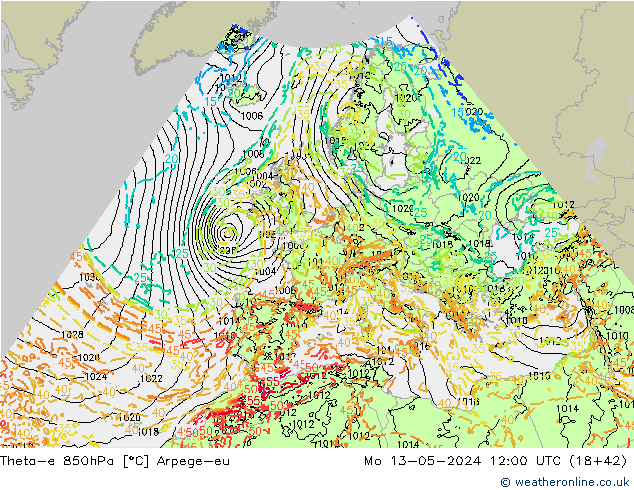 Theta-e 850hPa Arpege-eu Mo 13.05.2024 12 UTC