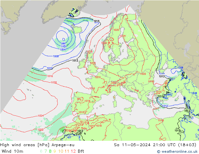 High wind areas Arpege-eu sam 11.05.2024 21 UTC