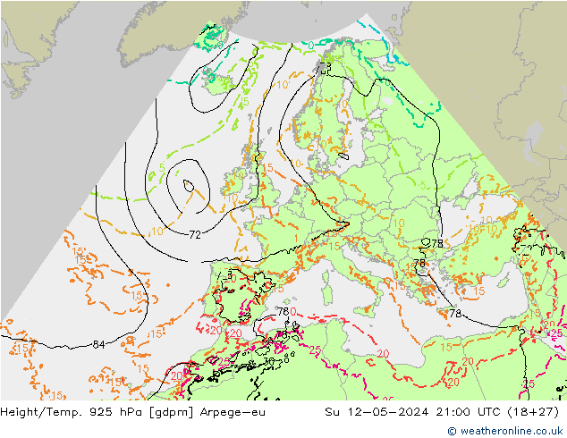 Height/Temp. 925 hPa Arpege-eu Su 12.05.2024 21 UTC