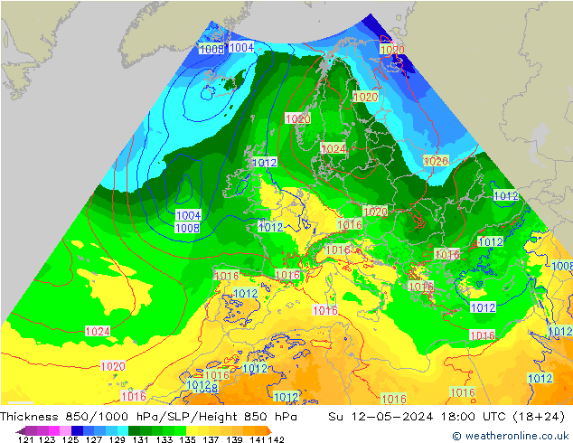 Schichtdicke 850-1000 hPa Arpege-eu So 12.05.2024 18 UTC