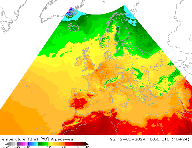 Temperaturkarte (2m) Arpege-eu So 12.05.2024 18 UTC