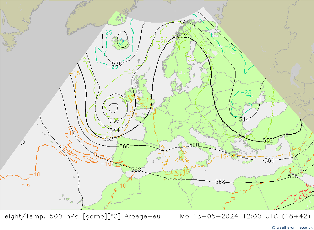 Hoogte/Temp. 500 hPa Arpege-eu ma 13.05.2024 12 UTC