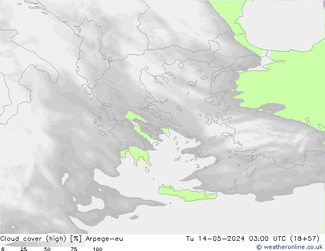 Cloud cover (high) Arpege-eu Tu 14.05.2024 03 UTC