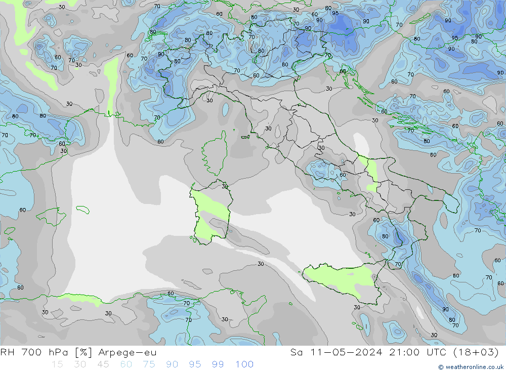 RH 700 hPa Arpege-eu sab 11.05.2024 21 UTC