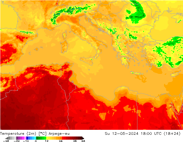 Temperatuurkaart (2m) Arpege-eu zo 12.05.2024 18 UTC