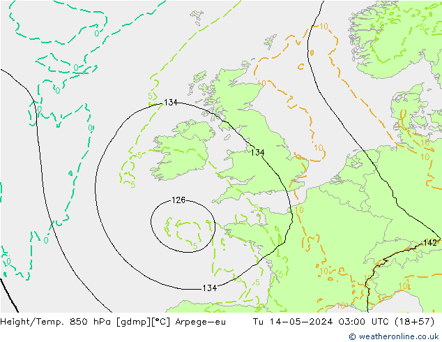 Height/Temp. 850 hPa Arpege-eu Út 14.05.2024 03 UTC