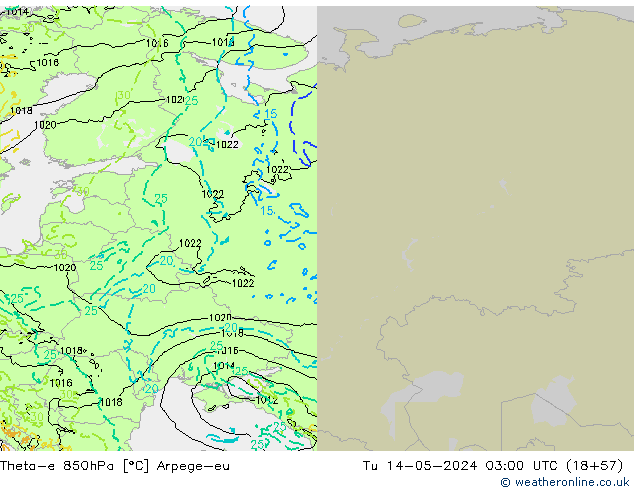 Theta-e 850hPa Arpege-eu Tu 14.05.2024 03 UTC