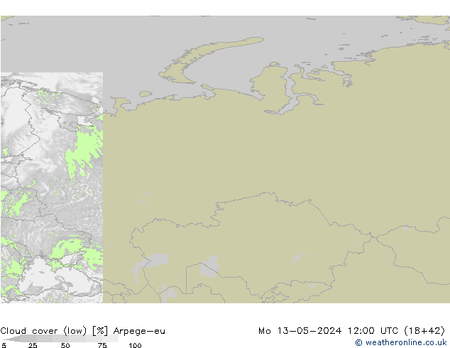 Bewolking (Laag) Arpege-eu ma 13.05.2024 12 UTC