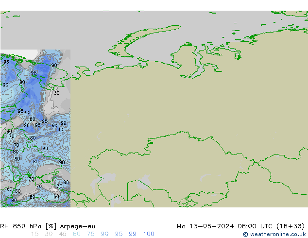 RH 850 hPa Arpege-eu Mo 13.05.2024 06 UTC