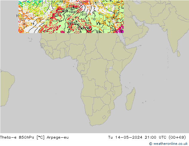Theta-e 850гПа Arpege-eu вт 14.05.2024 21 UTC