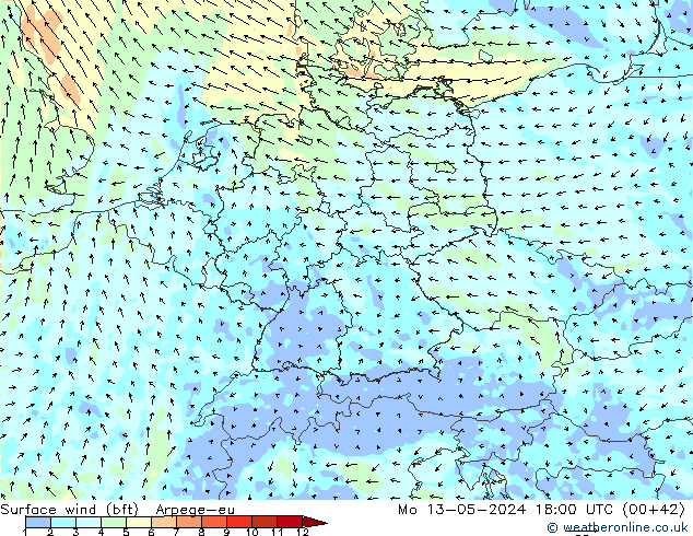 Wind 10 m (bft) Arpege-eu ma 13.05.2024 18 UTC