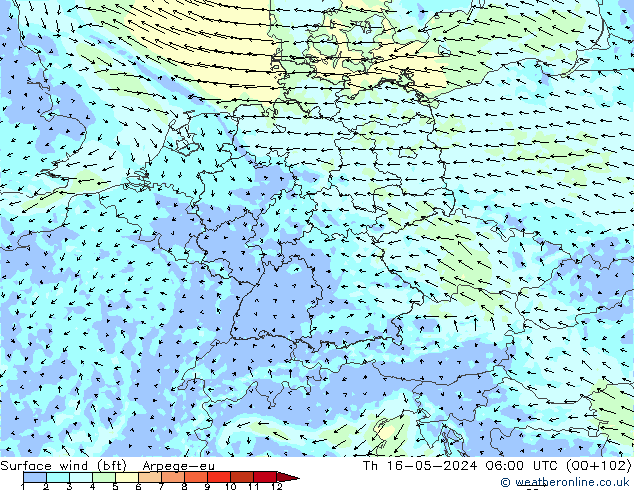 wiatr 10 m (bft) Arpege-eu czw. 16.05.2024 06 UTC