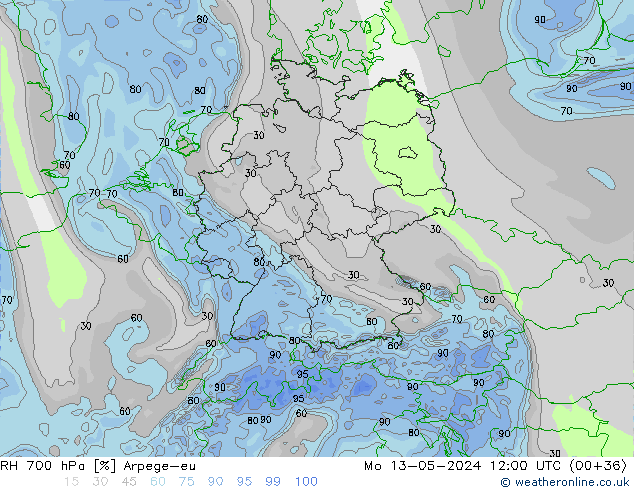 Humidité rel. 700 hPa Arpege-eu lun 13.05.2024 12 UTC