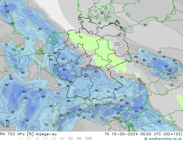Humidité rel. 700 hPa Arpege-eu jeu 16.05.2024 06 UTC