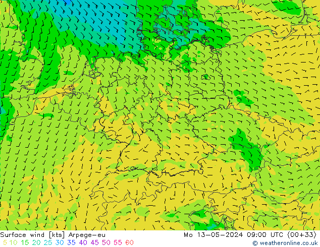 Surface wind Arpege-eu Po 13.05.2024 09 UTC