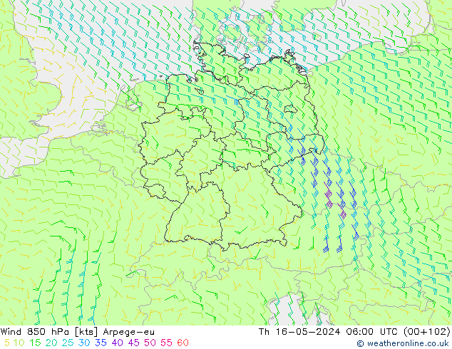 Viento 850 hPa Arpege-eu jue 16.05.2024 06 UTC