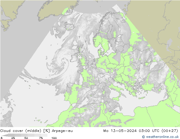 Cloud cover (middle) Arpege-eu Mo 13.05.2024 03 UTC