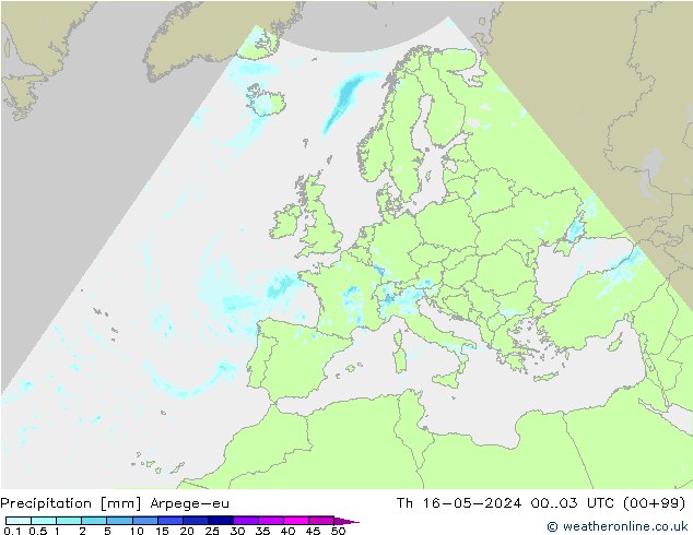 Srážky Arpege-eu Čt 16.05.2024 03 UTC