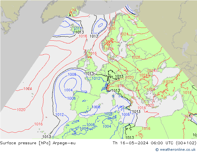Pressione al suolo Arpege-eu gio 16.05.2024 06 UTC