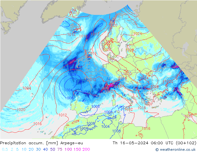 Precipitation accum. Arpege-eu Th 16.05.2024 06 UTC