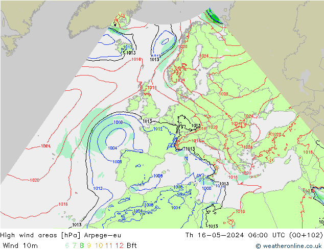 High wind areas Arpege-eu Čt 16.05.2024 06 UTC