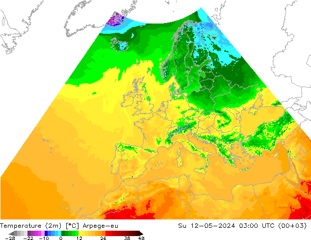 Temperaturkarte (2m) Arpege-eu So 12.05.2024 03 UTC