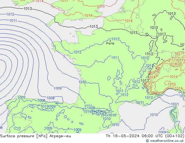 приземное давление Arpege-eu чт 16.05.2024 06 UTC