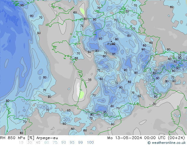 RH 850 гПа Arpege-eu пн 13.05.2024 00 UTC