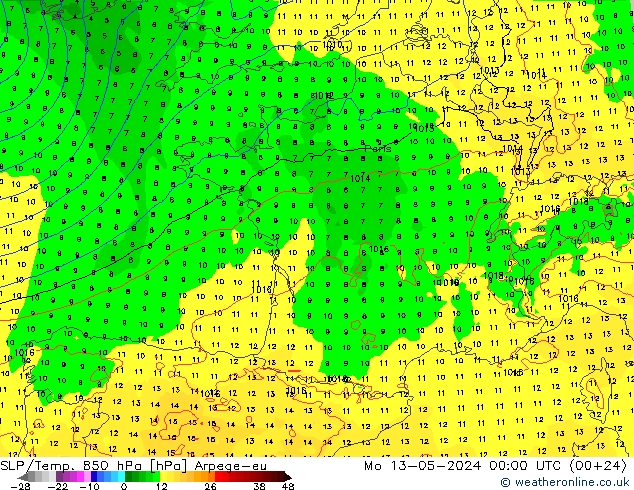 SLP/Temp. 850 hPa Arpege-eu lun 13.05.2024 00 UTC