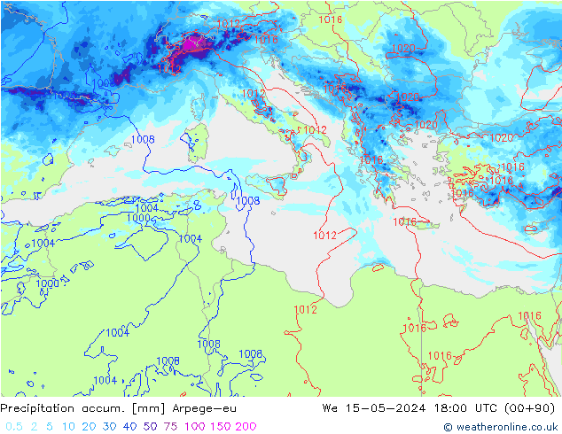 Precipitation accum. Arpege-eu mer 15.05.2024 18 UTC