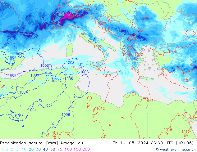 Precipitation accum. Arpege-eu Th 16.05.2024 00 UTC
