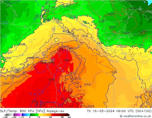 SLP/Temp. 850 hPa Arpege-eu gio 16.05.2024 06 UTC