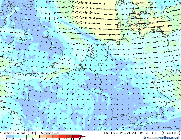 Surface wind (bft) Arpege-eu Th 16.05.2024 06 UTC