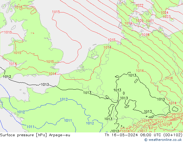 Atmosférický tlak Arpege-eu Čt 16.05.2024 06 UTC
