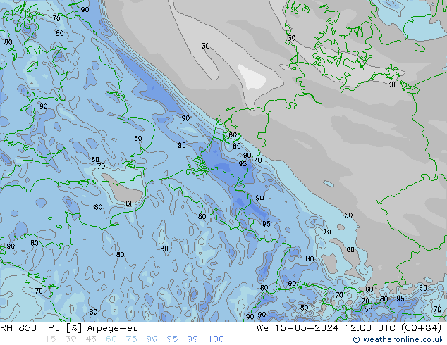 Humidité rel. 850 hPa Arpege-eu mer 15.05.2024 12 UTC