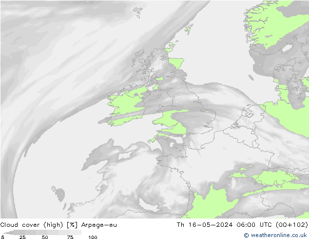 Cloud cover (high) Arpege-eu Th 16.05.2024 06 UTC