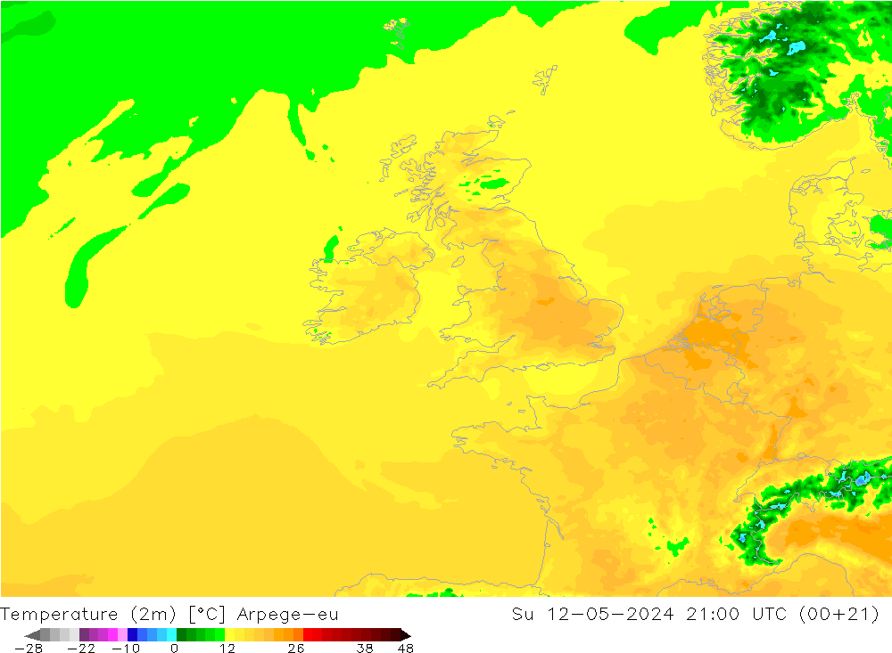 Temperatuurkaart (2m) Arpege-eu zo 12.05.2024 21 UTC