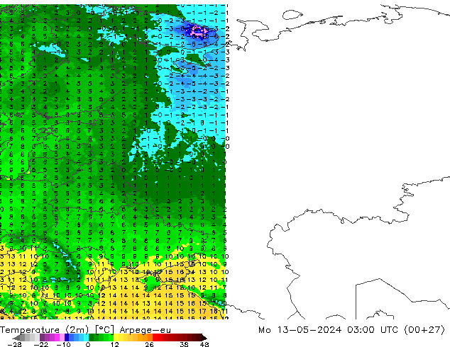 Temperatuurkaart (2m) Arpege-eu ma 13.05.2024 03 UTC